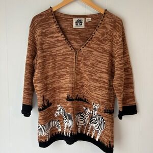 Storybook Knits Zebra Korea Safari Zip Front Cardigan Beaded Brown Tan Womens S